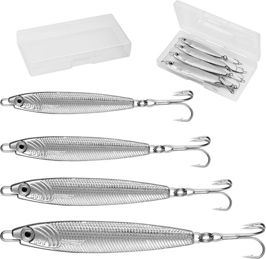 Metalen Zeevis Lures Set van 4, Driepunts Haken, Minnow Lepel Lures voor Snoek, Makreel en Kabeljauw, Perfect voor Zee- en Zoetwater Visserij