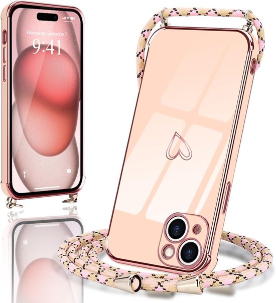 Micoden voor iPhone 15 Plus hoesje met riem crossbody sleutelkoord koord nek schattig hart voor meisjes vrouwen houder met ketting siliconen schokbestendige hoes voor iPhone 15 Plus roze