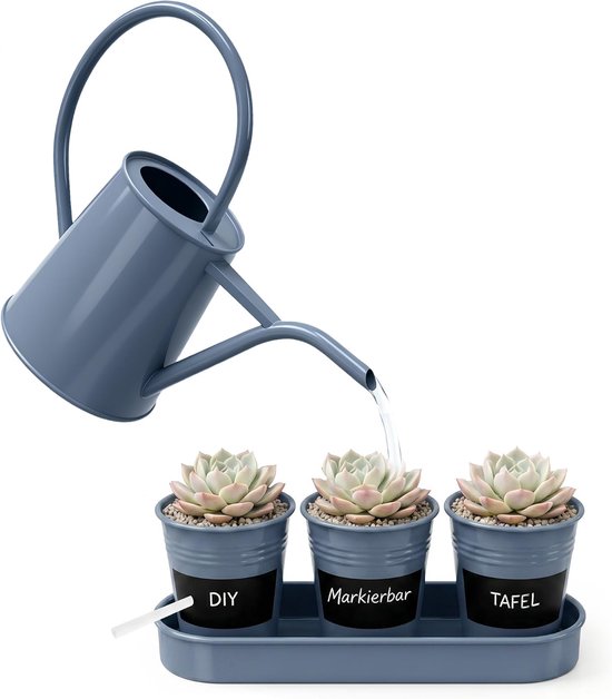 Mini-gieter en potset, roestvrij verzinkt ijzer, compact, voor binnen, voor cactussen, kruiden en kleine planten.