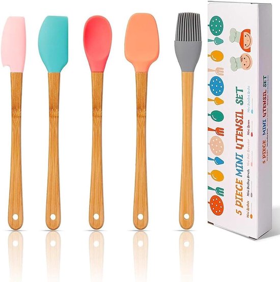 Mini-keukenhulpset voor kinderen, 5-delig, siliconen spatel om te koken, hittebestendige bakschraper, bamboegrepen, voor kookgerei met antiaanbaklaag