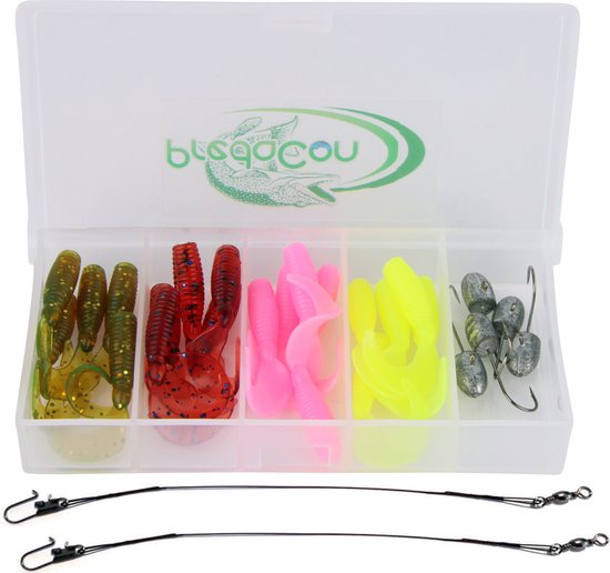 Mini Shad Box incl. Jigheads en Stalen Onderlijnen - 28-delige set - 3cm Softbaits & Jigheads #10- Vissen op Baars en kleine Roofvissen van Kolpo