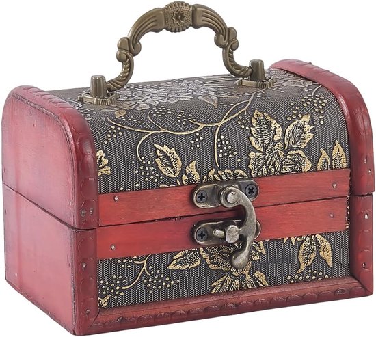 Mini-sieradenkistje van hout, piratenschatkist, retro, opbergdoos voor herinneringen, klein decoratief Europees kistje van kunstleer met handvat voor sieraden
