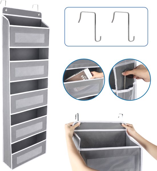 MIVRAY Deur Organizer – 5 Vakken Met Meshvakken – 40 × 14 × 147 cm – Vliesstof, Karton En Metaal – Grijs Zwart – Hangende Opberger Voor Slaapkamer, Badkamer Of Voorraadkast