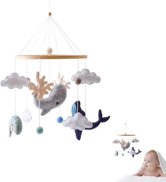Mobiel Baby Zeedieren met Ballen van Vilt, Babykamer Dieren Dolfijnen Walvissen Hout Gehaakt Mobiel Pasgeboren Jongen Meisje Wolken Dieren Bed Bel Hanger Wiegje Wiegje Changing Decoratie