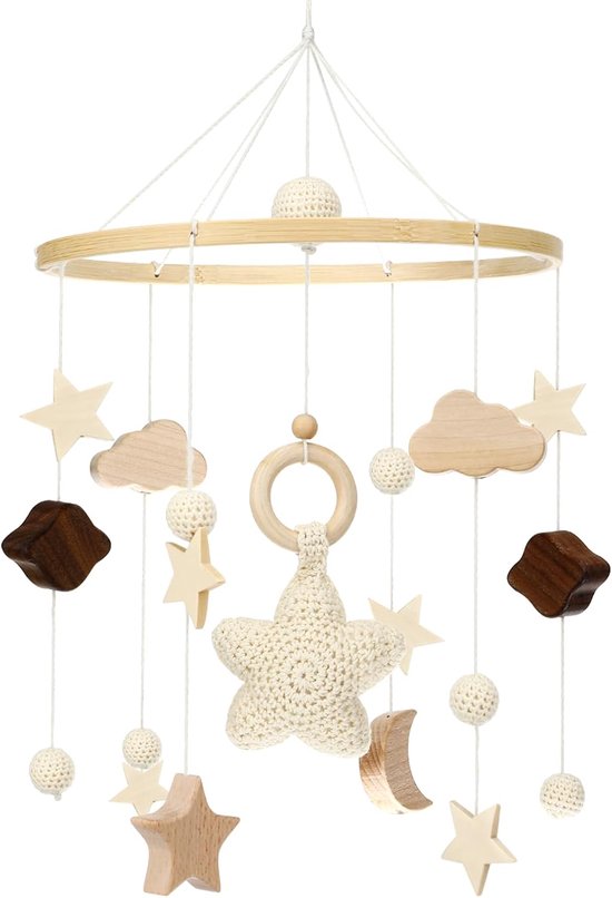 Mobiel babybed, met gehaakte sterren, manen en wolken, hangende decoraties, baby mobiel voor het bed, houten mobiele baby windspel, cadeau voor baby meisjes of jongens (A), beige