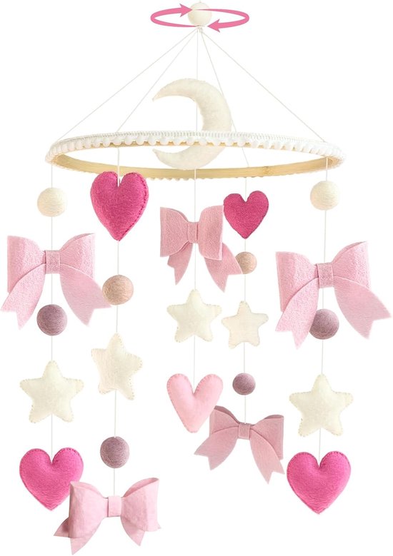 Mobiel babybed, met roze strik, beige, sterren en maan, handgemaakt, hout, hangend mobiel windspel voor babybed, kinderbed, bedbel, hanger, cadeau voor pasgeborenen, cadeau voor meisjes