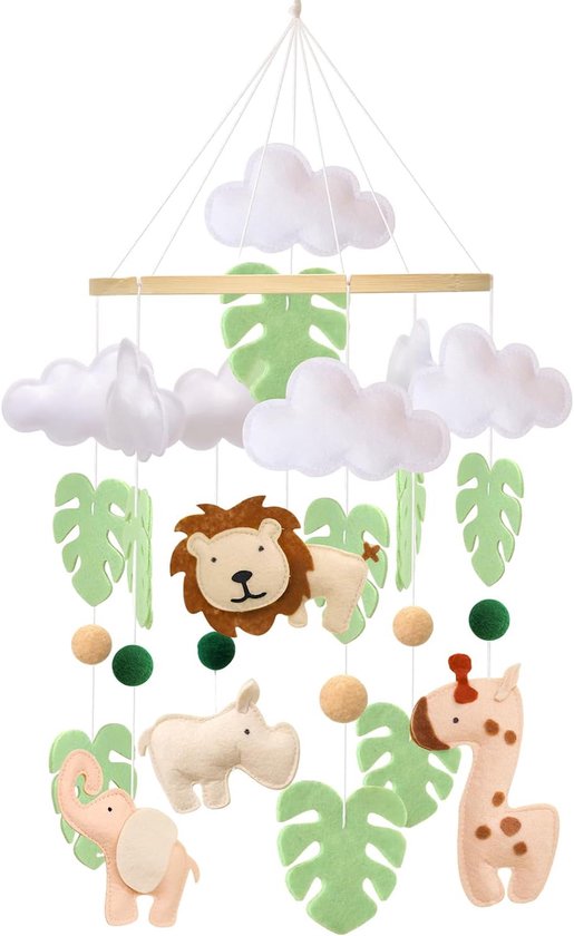 mobiel dier bedbelletje voor babybed – Jungle dieren baby mobiel met leeuw, olifant, giraf en nijlpaard – Kalmerend baby speelgoed voor babykamer, geschenk voor pasgeborenen (dier)