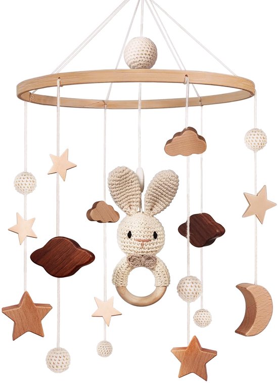 Mobiel voor Babybed - Afneembare Windgong Met Wolken, Sterren en Konijn - Babykamer Decoratie en Cadeau voor Meisjes en Jongens