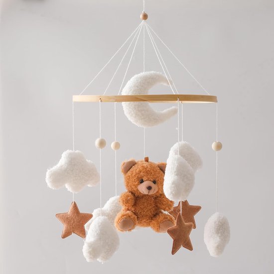Mobiel voor babybed met bel, witte wolken, maan en bruine beer, hangende decoratie voor babykamer