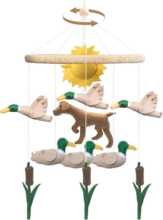 Mobiele baby, 3D-teckel hond, mobiel babybed van hout met vilt, riet, eend en zon, handgemaakte bedbel voor babybed, mobilebaby pasgeborenen, cadeau voor jongens en meisjes, diameter 23 cm, lengte 55