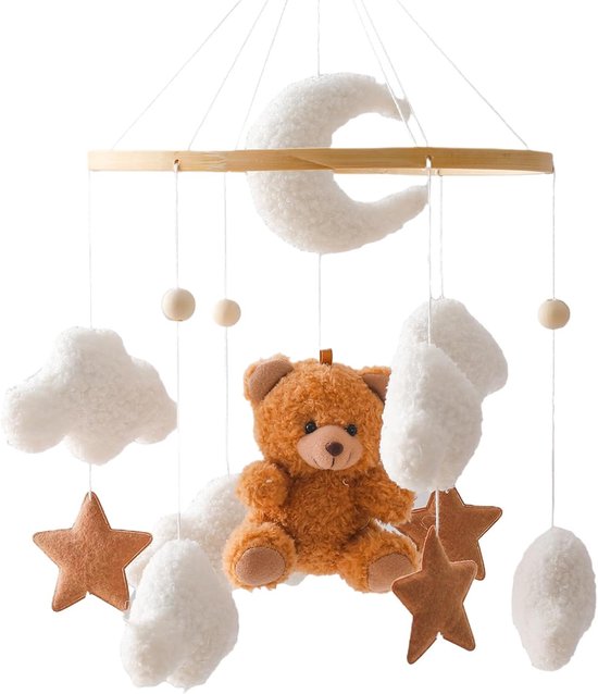 Mobiele baby bedbel met teddybeer houten meisjes hangend mobiel windspel voor babybed kinderbed (bruin)