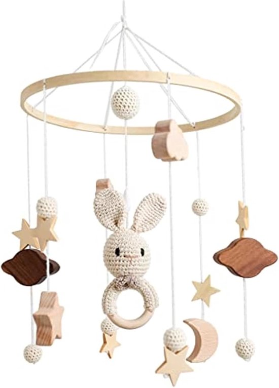 Mobiele babybed, windspel, wolken en kleine haas, hangend, hout, mobiele babykinderkamer, hangende bedbel, cadeau voor baby's, meisjes of jongens, rammelspeelgoed (B)