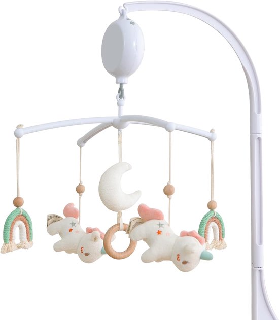 Mobiele babymuziekdoos met 35 muziek, instelbaar volume, eenvoudig aan te brengen, stopt automatisch na 30 minuten, perfect cadeau voor jongens en meisjes (regenboog) (witte eenhoorn)