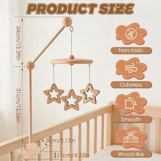 Mobiele babystandaard, wolken, in hoogte verstelbaar, houten houder voor baby's, voor het ophangen van windgongs en bedklokken (natuurlijke houtkleur)