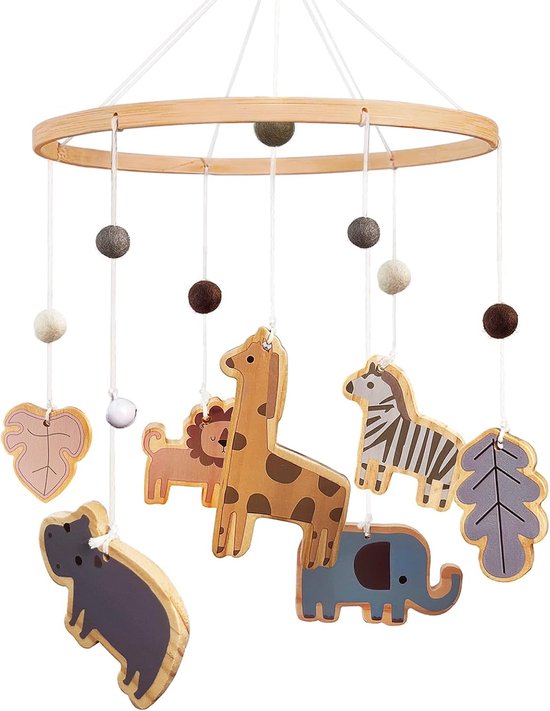 Mobiele Bosdieren, Houten Baby Mobiel Babybed Speelgoed Met Wollen Bol Giraffe Leeuw Olifant, Windspel Voor Kinderkamer Decoratie, Cadeau Voor Pasgeborenen