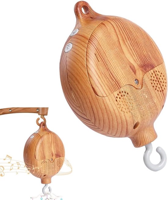 Mobiele muziekdoos voor baby's, houtlook, muziekbox, bedbel, kinderbed, mobiele motor, bedbel, hanger, babybed, decoratie, elektrische babymuziekdoos met 35 schattige melodieën, babybeddengoed