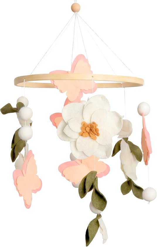 Mobiele vilten hangdecoratie, windgong, mobiele vilten decoratie met vlinder, bloemen en bladeren, mobiele babybed, aankleedtafel voor bed, babymobiel, 22,5 cm, vilten hanger, kamerdecoratie