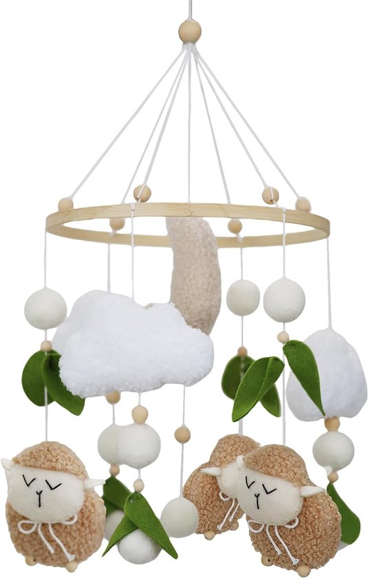 Mobile baby windgong, 3D schapen, maan wolken, mobiel baby hout met vilten ballen, bedbel, hanger voor babybed