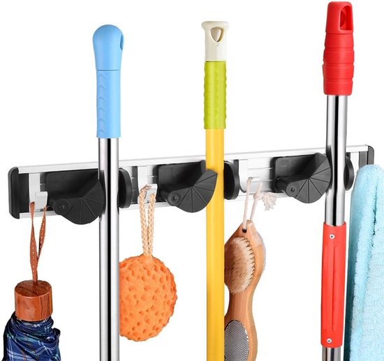 Mop en bezemhouder wandmontage met 4 haken voor opberging van schoonmaakaccessoires, tuingereedschap en sportuitrusting in garage of kast