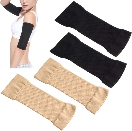 Mouwen, compressie, elastisch, beenwarmers, compressiemanchetten, armwarmers, 2 paar, Zwart + Beige, Eén maat