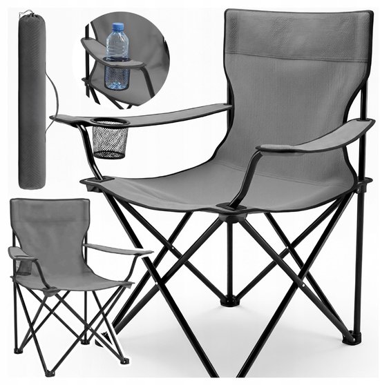 MOZY® - Inklapbare Campingstoel - Grijs - tot 120 kg - met Armleuningen en Bekerhouder - in Draagtas - Antislip - Campingstoel - Visstoel - Vissen - Vissersstoeltje