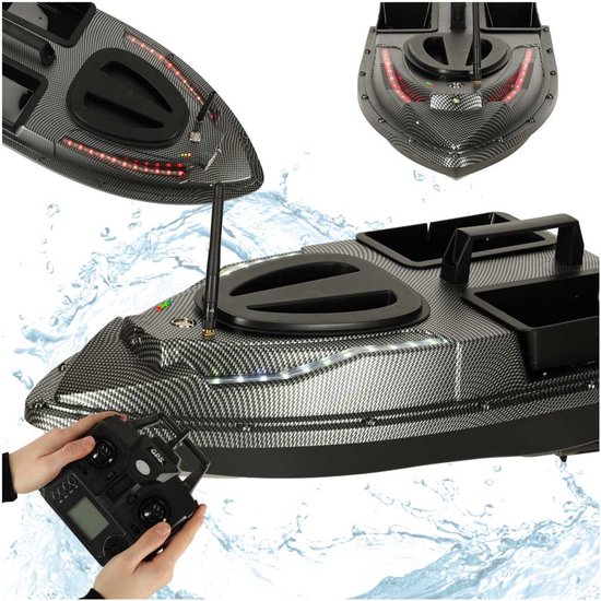 MOZY® - Voerboot - Zwart - tot 1,5 kg - met 2 Aascontainers - Bestuurbaar - 500 meter bereik - met Verlichting - GPS Functie - 12 000 mAh - Visvoer Boot - Karper Vissen - Karpervissen - Visaasboot van Merkloos
