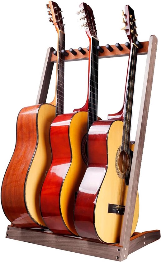 Multi-gitaarhouder van hout, vloerstandaard voor gitaar met sleuf voor vilten plectrums en verstelbare schuimrubberen stangen