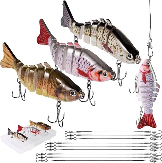 Multi-linked Snoek Aas Set - 3D Kunstmatige Snoek met 15cm, 25cm & 30cm Draad Haken - Langzaam Zinkende Wobbler met Opbergtas voor Visserij