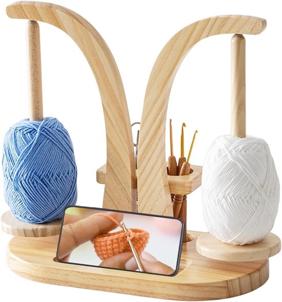 Multifunctionele houten draadhouder voor breien, wolroller en telefoonhouder, ideaal voor breiaccessoires en geschenken, houtkleur van Merkloos