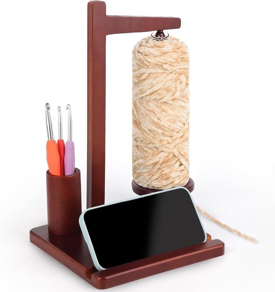 Multifunctionele houten spoelhouder met telefoonhouder en opslag, ideale breiaccessoires voor reizen en cadeau, magnetische spoel voor wol