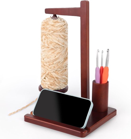 Multifunctionele Houten Wolhouder met Magnetische Functie, Draaibare Wol Reel en Telefoonstandaard voor Haakjes en Breiwerk van Merkloos