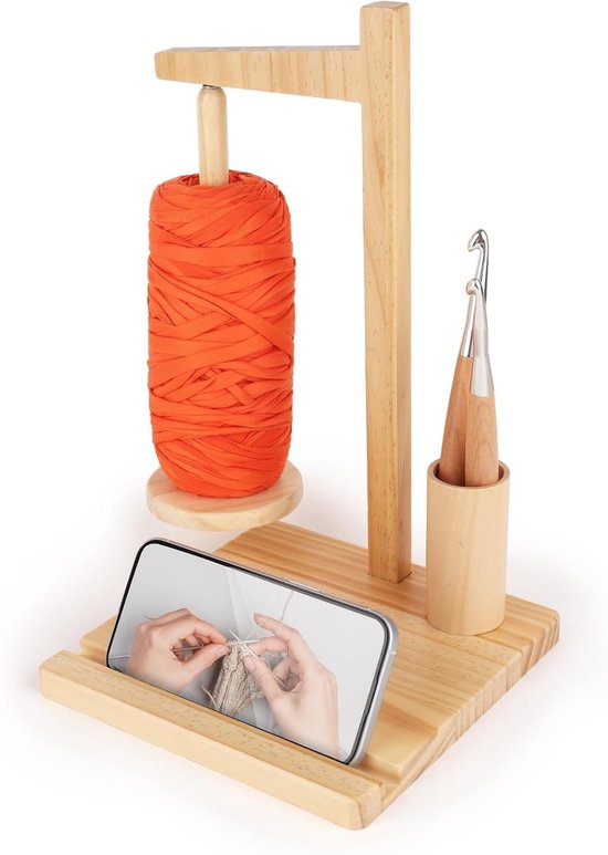 Multifunctionele Houten Wolhouder met Magnetische Steun voor Haakjes en Telefoonstandaard - Ideaal voor Breien en Haken, Draaibare Wolspoel met Natuurlijke Afwerking