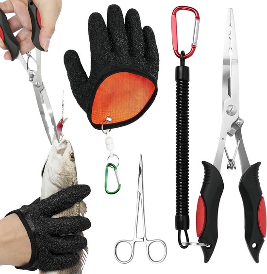 Multifunctionele Vistang Set 4-delig met Haakverwijderaar, Lijnsnijder en Snijvaste Handschoenen voor Zee- en Zoetwatervissen, Ideaal voor Vissers en Outdoor Avonturen