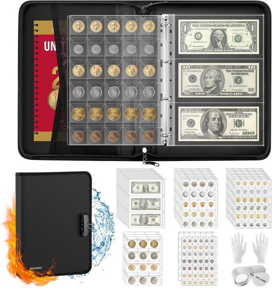 Muntenverzamelboek - Valuta album - Collectie bewaren - Vuurvaste houders - 300 zakken - Zwart