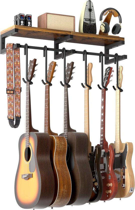 Muurbeugel, 6 Gitaar Muurbeugels met Grote Plank, Multifunctionele Muurstandaard Beugel Haken Eenvoudige Installatie voor Elektrische Gita-ar Bas Akoestische Ukelele Viool Mandoline