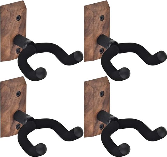 Muurbevestiging 4 stuks, gitaar wandhangers met verstelbare zachte gitaarhaak voor alle maten gitaren, hardhout U-vormige gitaarhouder voor akoestische, elektrische gitaar, bas, eenvoudig te