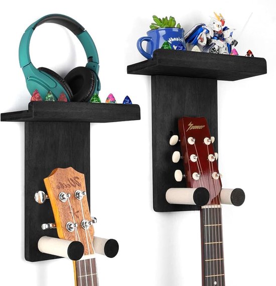 Muurbevestiging met plank 2Pack Houten Gitaar Houder Haak Multifunctionele Rack Beugel Stand Voor Elektrische Gitaar Bas Akoestische Ukulele Viool Mandoline Zwart