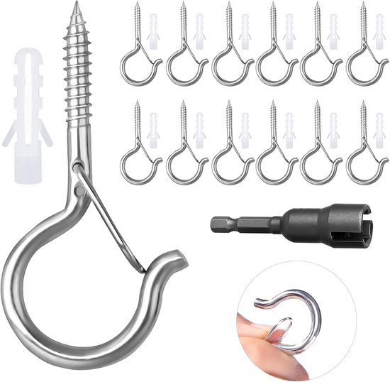 NAMIS Pack of 12 Screws Hook Screws with Fuse Screw Hooks Stainless Steel Black Screw Hooks for Hanging Plant Baskets - ShopVlot