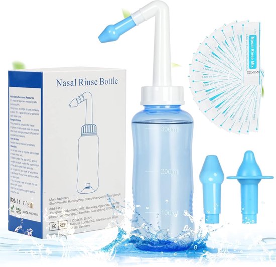 Nasal Rinse Set 300 ml met 40 Zoutzakjes voor Neusspoeling, Ideaal voor Volwassenen en Kinderen, BPA-vrij, Effectieve Neusreiniging en Irrigatie