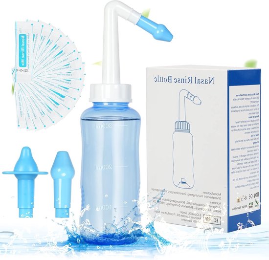 Nasal Rinse Set voor Neusreiniging, 300 ml Fles met 40 Zoutpakketten, Drukspoeling voor Volwassenen en Kinderen, BPA-vrij en Effectieve Neusverzorging van Merkloos