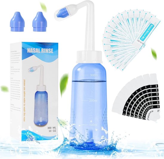 Nasal Rinse Set voor Neusspoeling, 300ml Fles met 20 Zoutzakjes en 10 Thermometer Stickers, Drukspoeling voor Volwassenen en Kinderen, Verlicht Neusverstopping en Allergieën