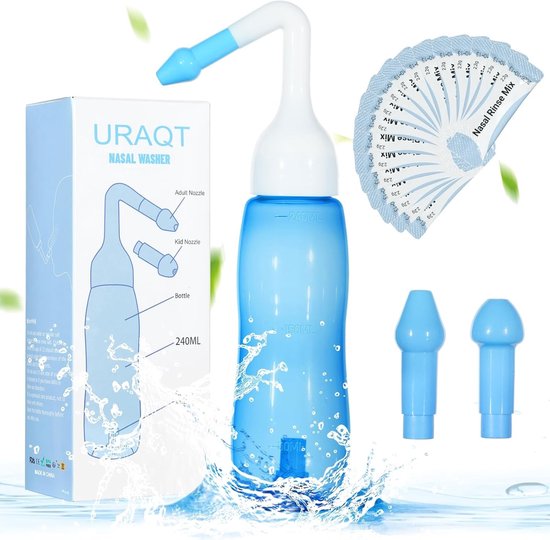Nasal Wash Kit voor Neusreiniging met 240 ml Fles en 40 Zoutpakketten voor Volwassenen en Kinderen, Effectieve Neusspoeling en Sinusverlichting, BPA-vrij en Gebruiksvriendelijk