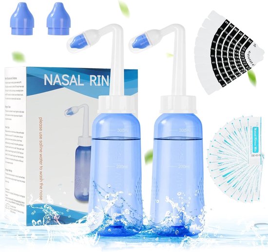Nasal Wash met Zoute Oplossing 300 ml - Neti Pot Sinus Spoeling met 20 Zoutzakjes en 10 Thermometer Sticks voor Neusreiniging en Verlichting van Allergieën en Verkoudheid