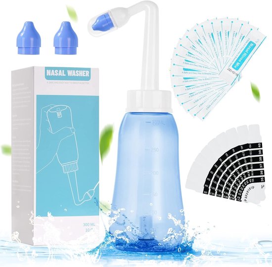 Nasal Wash Set met 300 ml Sine Rinse Bottle, 20 Nasal Rinse Zoutpakketten en Thermometer Stickers voor Volwassenen en Kinderen, BPA-vrij en Effectieve Neusspoeling