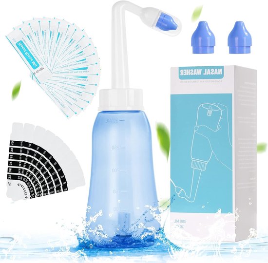 Nasal Wash Set met 300 ml Sine Rinse Fles, 20 Nasale Zoutpakketten en 10 Thermometer Stickers voor Effectieve Neusspoeling en Neusirrigatie voor Volwassenen en Kinderen, BPA-vrij