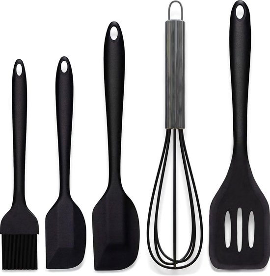 Nature Siliconen Spatel Set - BPA-vrije Keukengerei Set van 5 - Hittebestendig & Antiaanbak - Flexibele Bakspatels & Scraper - Vaatwasserbestendig - Zwart