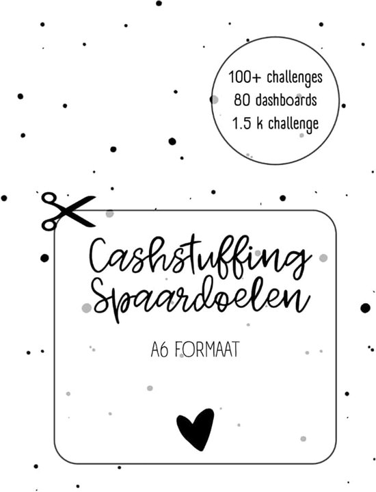 Nederlands: Spaardoelen voor cashstuffing, verschillende spaardoelen in euro, binder A6 formaat challenges zelf uit te knippen. Zwart wit met stippen en hartje