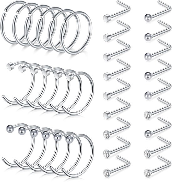 Neuspiercing ring dun, chirurgisch staal spiraal neuspiercing steker heldere neuspiercing ring neus retainers, 20G neuspiercing zilveren set voor vrouwen mannen