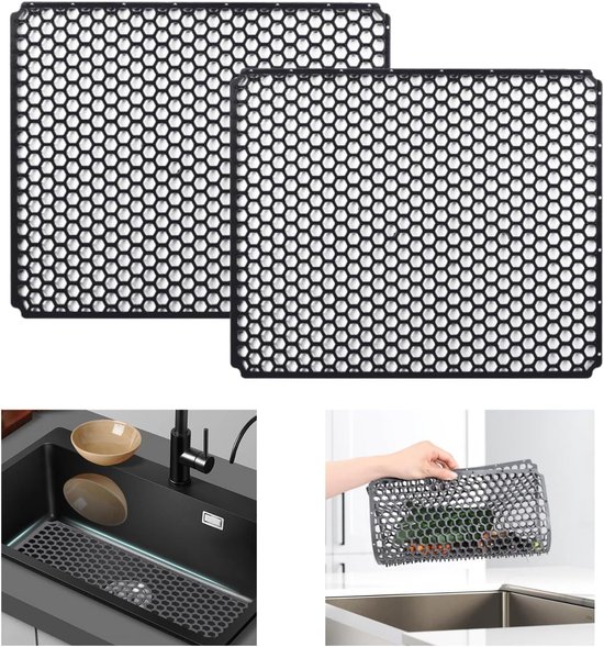 Non-slip silicone mat voor spoelbakken, 2 stuks, hittebestendig en gemakkelijk schoon te maken, ideaal voor roestvrijstalen en landelijke keukens