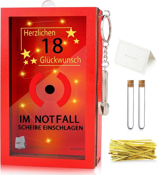 nooddoos met hamer LED geldgeschenken 18e verjaardag decoratie houten kist met lichtjes, reageerbuizen, gouden koord - gepersonaliseerde geschenkdoos voor geld, snoep, chocolade